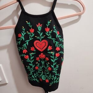 Heart Embroidered Black Crop Top